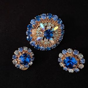 Vintage Blue Jeweled Brooch and Clip-on Earrings